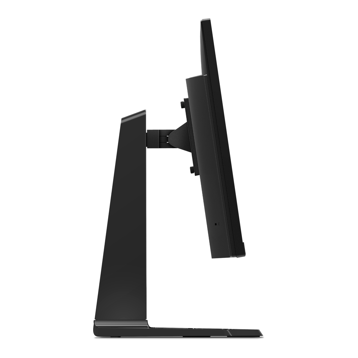 Side view of a black Lenovo Legion monitor. Features a stand, and ports on the side. White background.