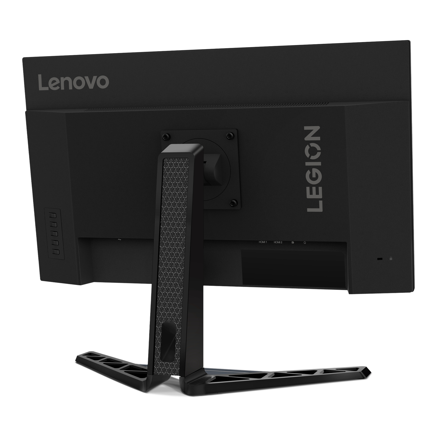 Back view of a black Lenovo Legion monitor. Shows ports, branding, and stand. White background.