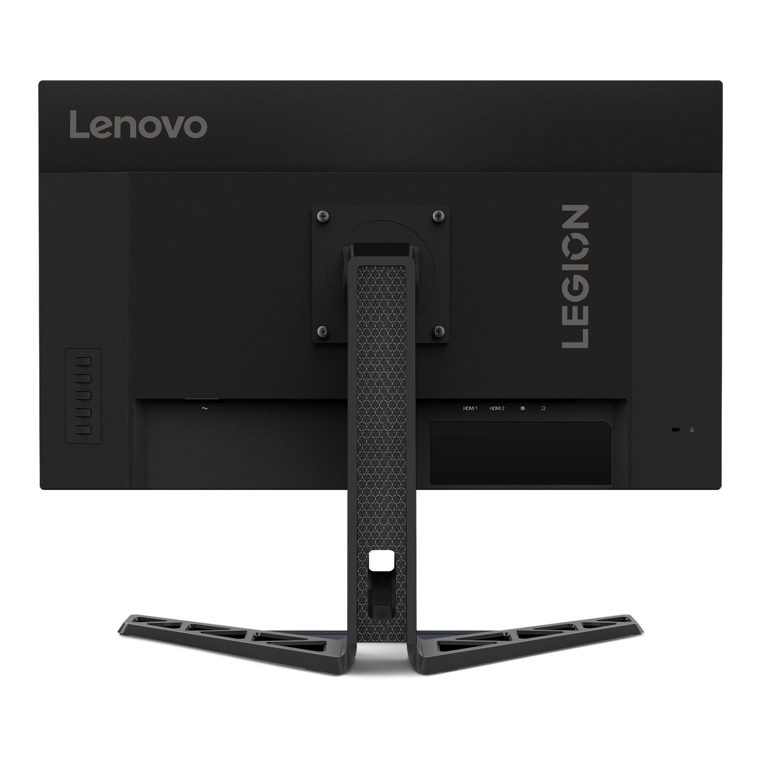 Back view of a black Lenovo Legion monitor. Shows ports, branding, and stand. White background.