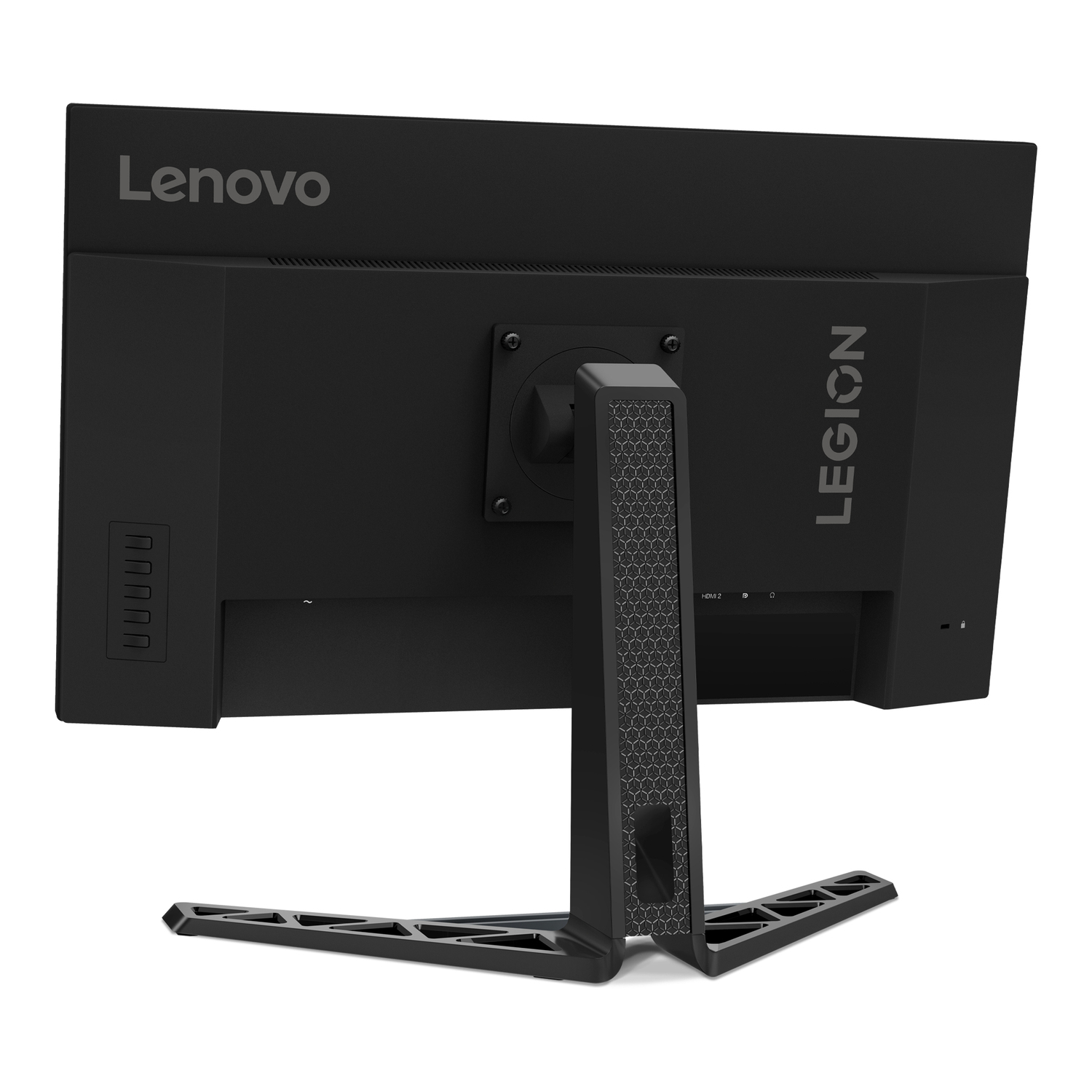 Back view of a black Lenovo Legion monitor. Shows ports, branding, and stand. White background.