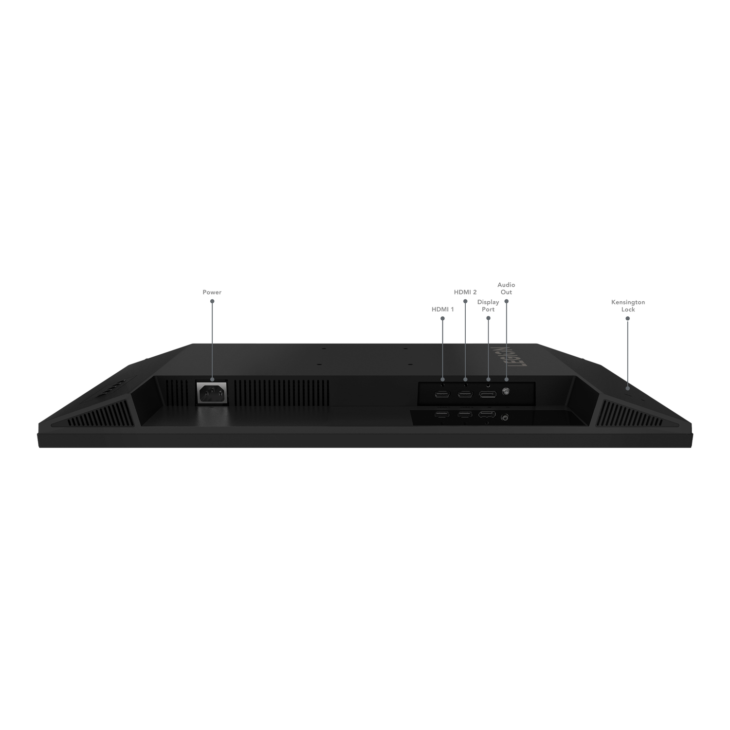 The back of a black computer monitor with several ports and labels.