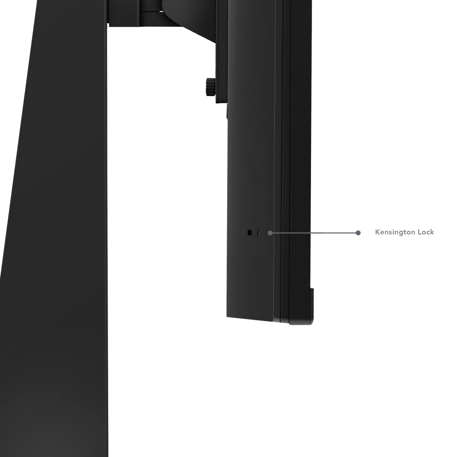 Black monitor mount with a Kensington lock port. The mount is black.