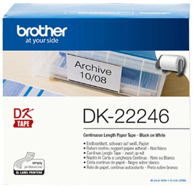 Boîte de ruban Brother DK-22246, texte blanc, rouleau de ruban d'étiquettes à l'intérieur.