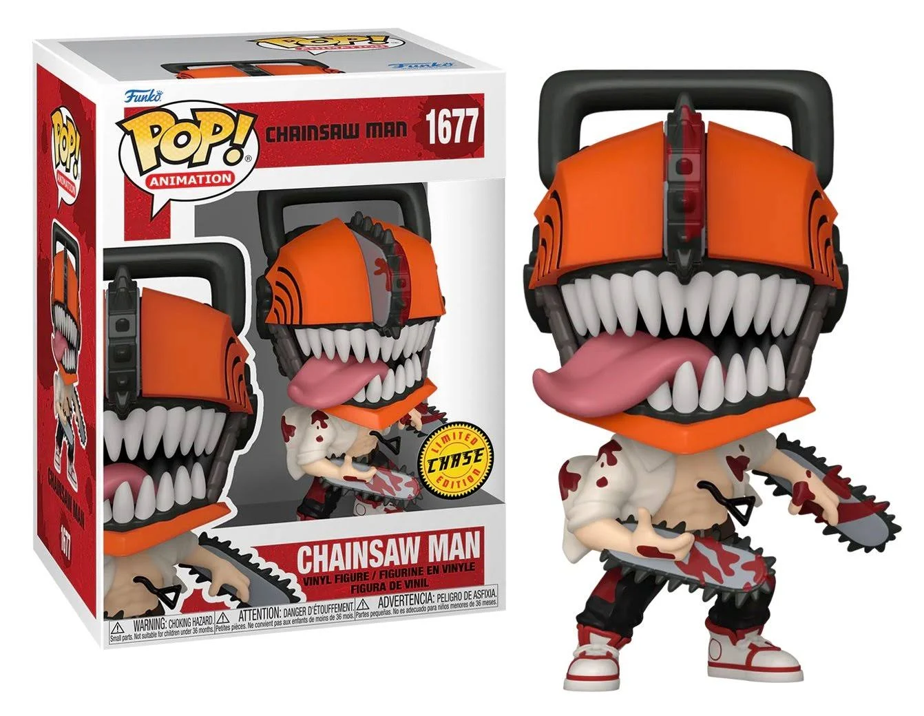 Figura Chainsaw Man Funko Pop, con una caja y una figura.