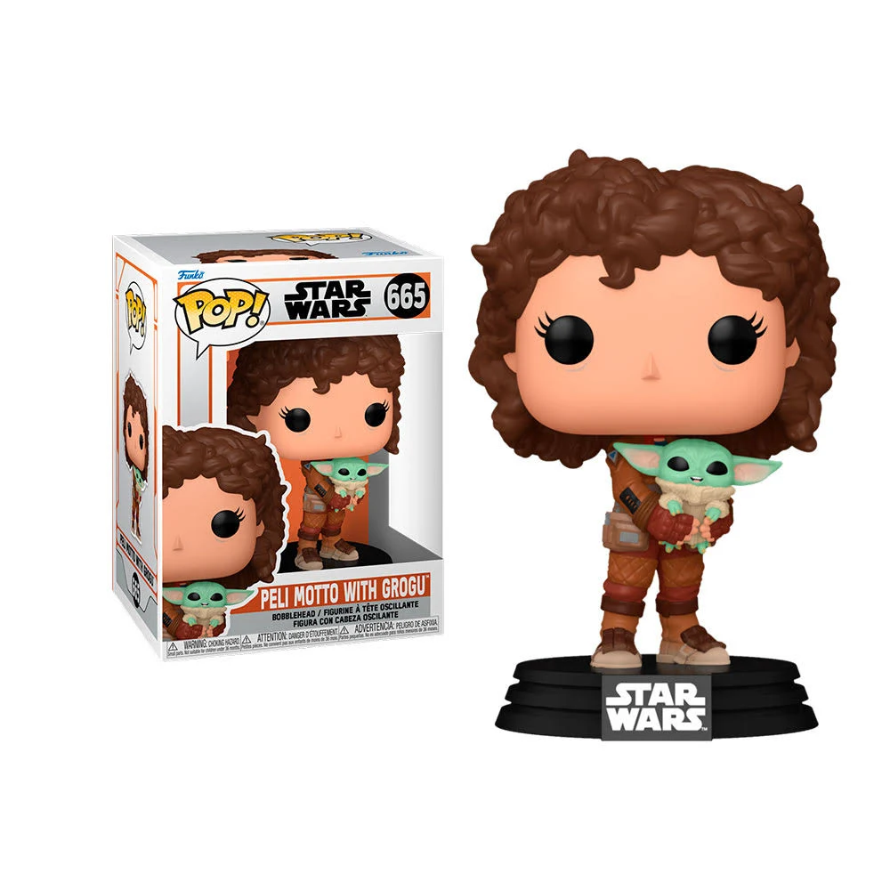Figura Funko Pop de Peli Motto con Grogu en caja. Peli Motto sostiene a Grogu. Logotipo de Star Wars.