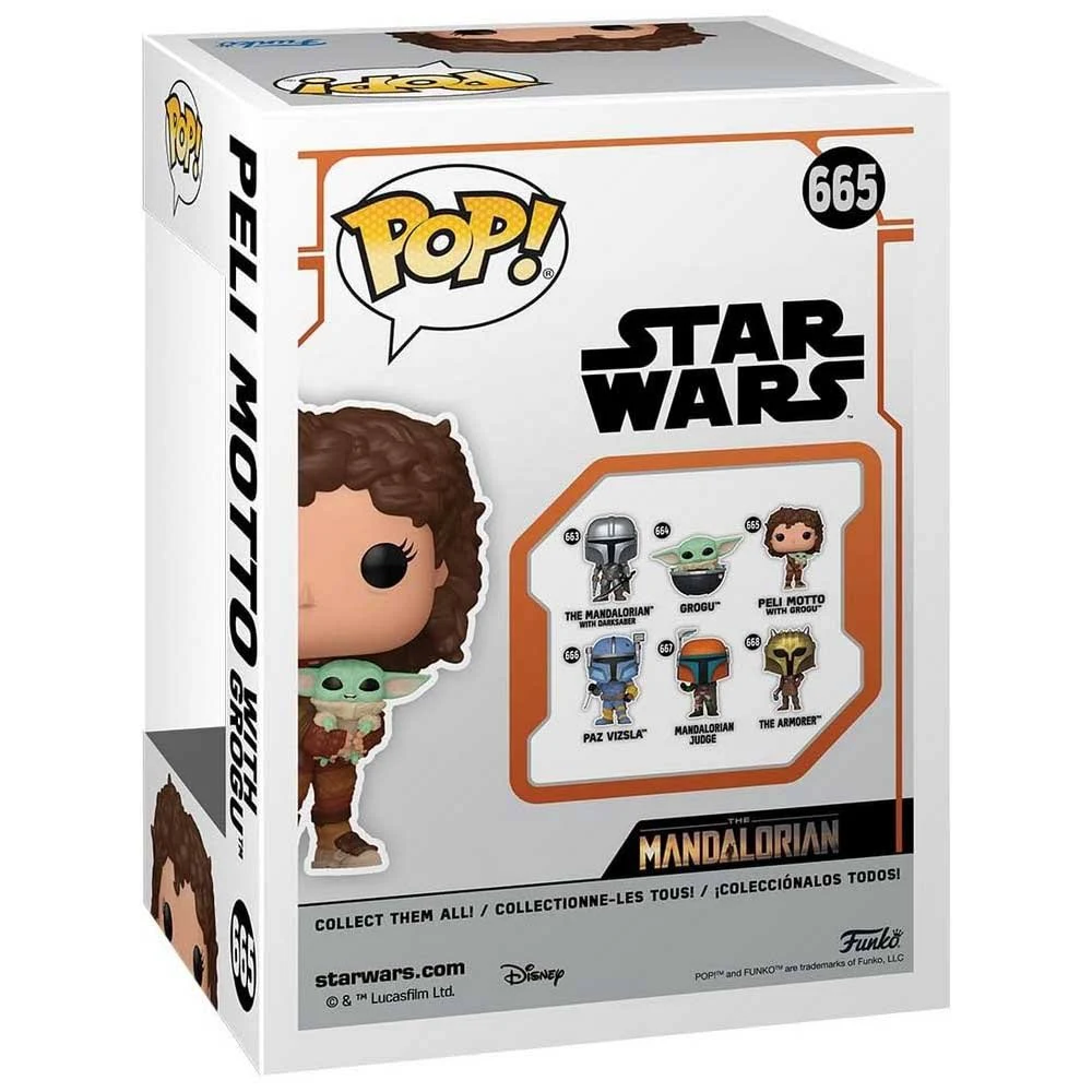 La parte trasera de la caja Funko Pop de Peli Motto con Grogu de Star Wars.