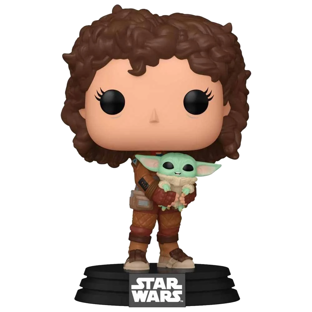 Figura Funko Pop: una mujer sosteniendo a Baby Yoda. Logo de Star Wars en la base.