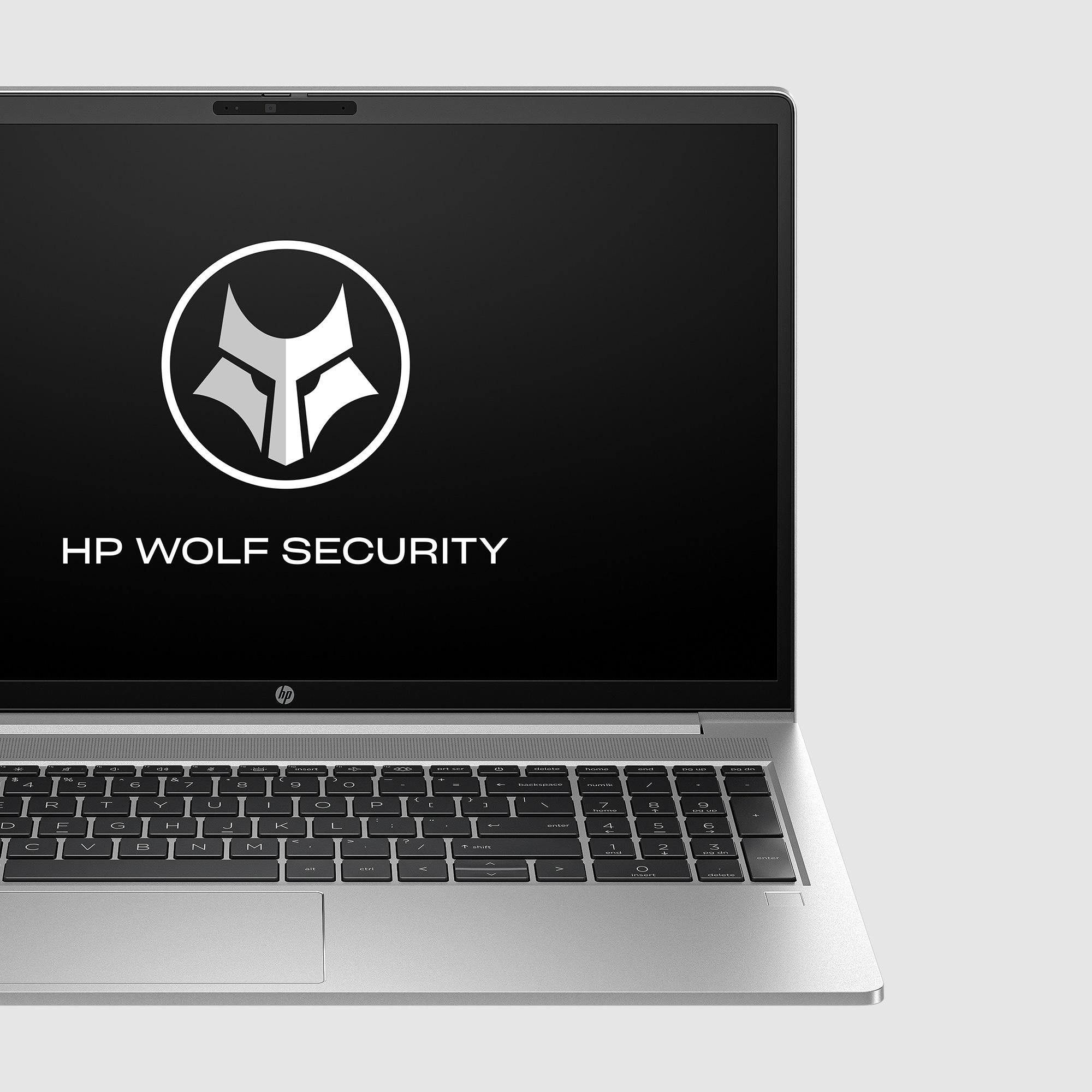 Laptop-Bildschirm mit dem HP Wolf Security-Logo auf schwarzem Hintergrund.
