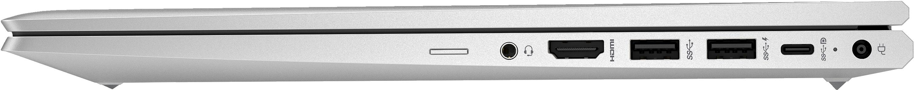 Seitenansicht eines silbernen Laptops mit Anschlüssen.