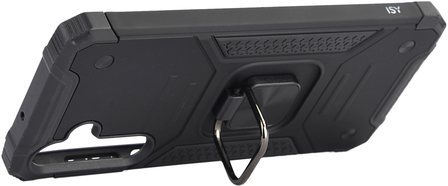 Coque de téléphone noire avec support annulaire, sur fond blanc incliné.