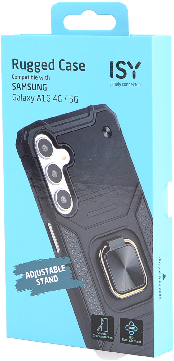 Un étui de téléphone noir dans une boîte bleue montre un support d'anneau et trois caméras.