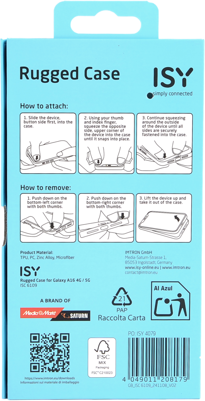 Boîte avec instructions pour une coque de téléphone robuste, montrant l'installation et le retrait.
