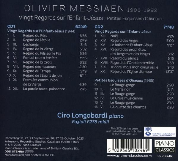 CD-Cover: Blauer Himmel, goldene Schrift und Titelliste für 'Vingt Regards...' von Olivier Messiaen.