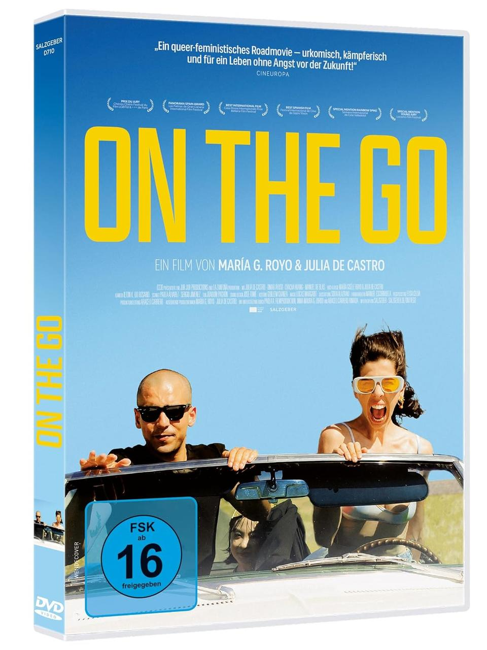 DVD-Cover des Films „ON THE GO“ mit zwei Personen in einem Auto, im Hintergrund ein blauer Himmel.