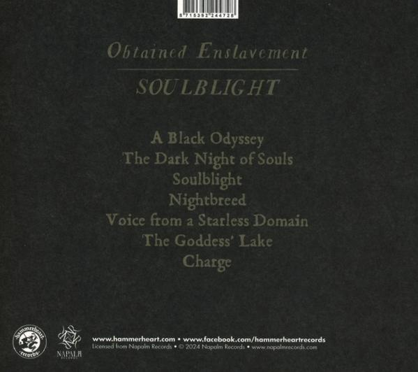 Album-Rückseite mit Songtiteln. Dunkler Hintergrund, weißer Text. Bandname 'Obtained Enslavement' oben.