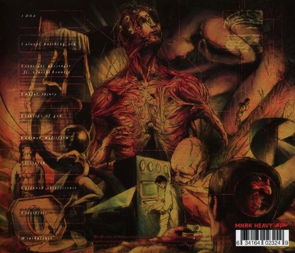 Anatomische Studien und dystopische Szenen mit einem Mann am Computer.