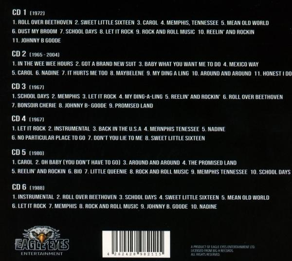CD mit Titellisten. Der Hintergrund ist schwarz mit weißem Text.