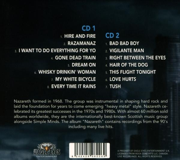 Albumcover mit einer Liste von Songs und Text über die Band Nazareth. Der Hintergrund ist dunkel.