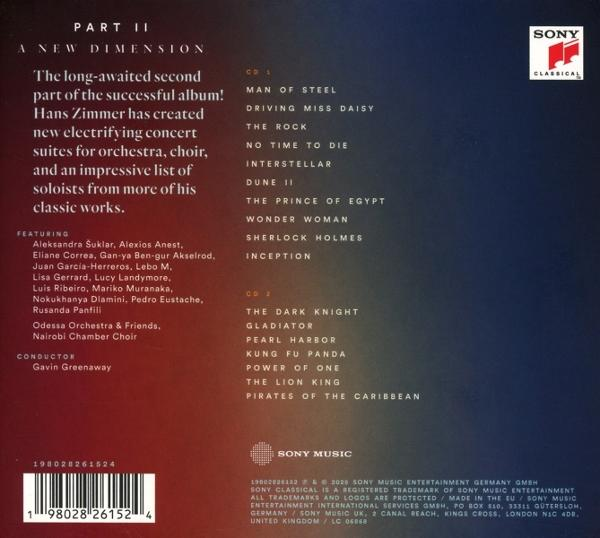 Albumcover mit Text über Hans Zimmers Konzertsuiten, Titellisten und einem Sony Classical Logo.