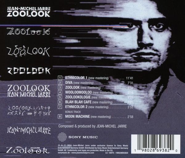 Albumcover mit einem Männergesicht und Titelliste. Der Künstler ist Jean-Michel Jarre, der Titel ist "Zoolook".