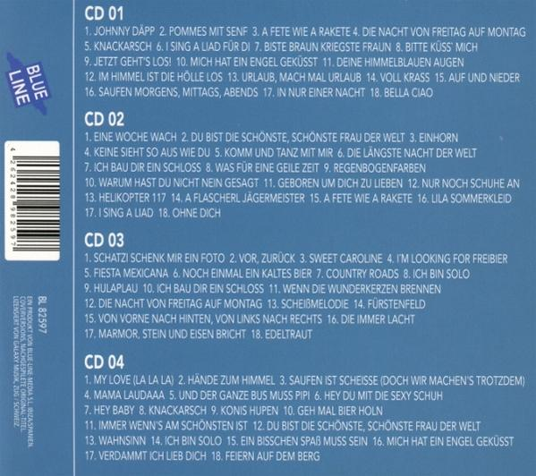 Albumcover mit Titellisten. Der Albumtitel ist nicht sichtbar. Der Hintergrund ist mehrfarbig.