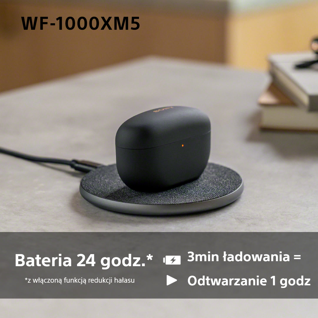 Czarne bezprzewodowe słuchawki na podkładce ładującej. Tekst: 24h bateria, 3min ładowania=1h odtwarzania.