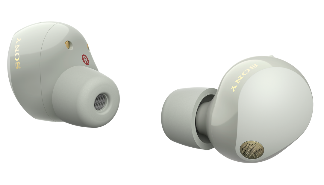 Dwa bezprzewodowe słuchawki. Są jasnoszare ze złotymi akcentami i logo Sony.