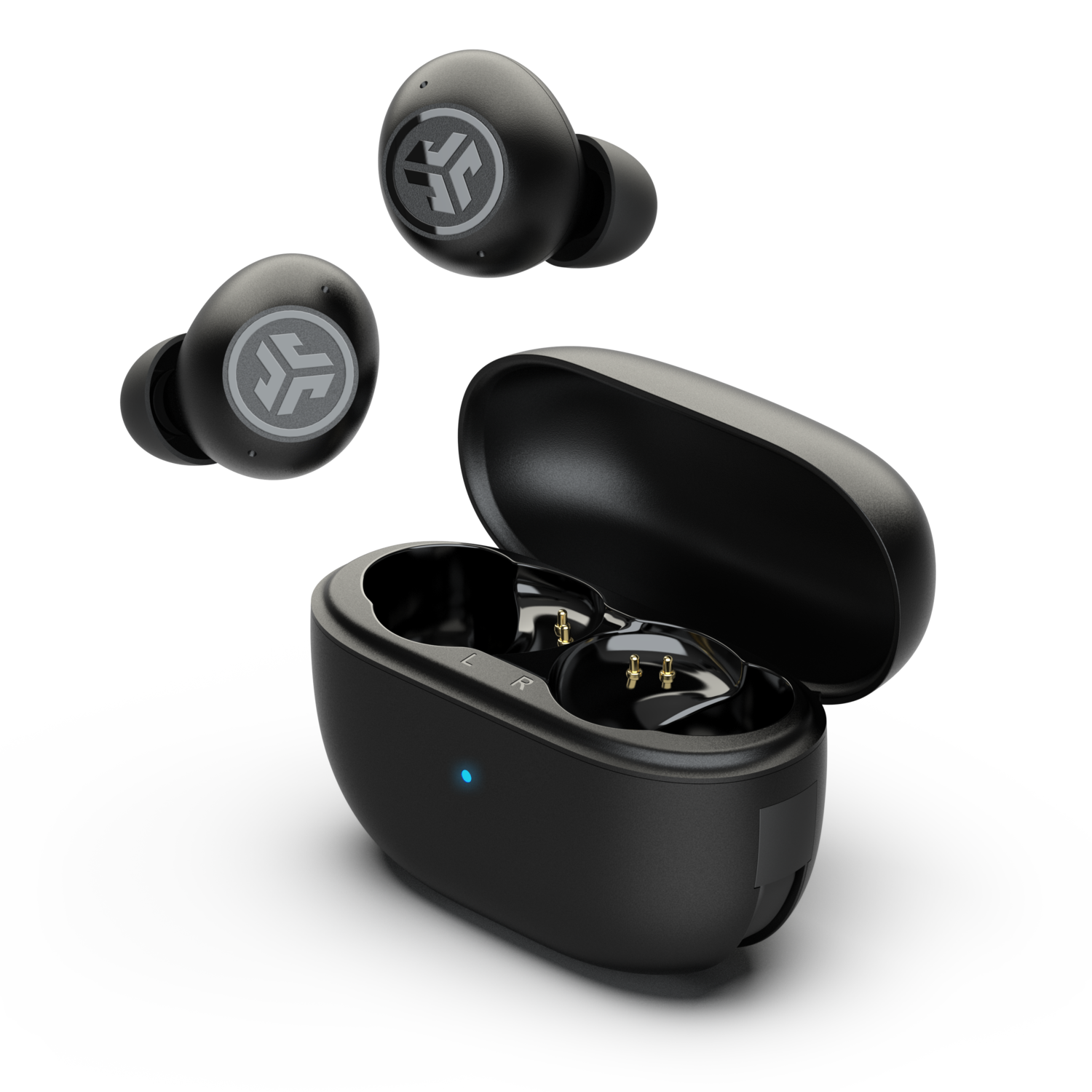 Black earbuds and charging case. Three earbuds are displayed.