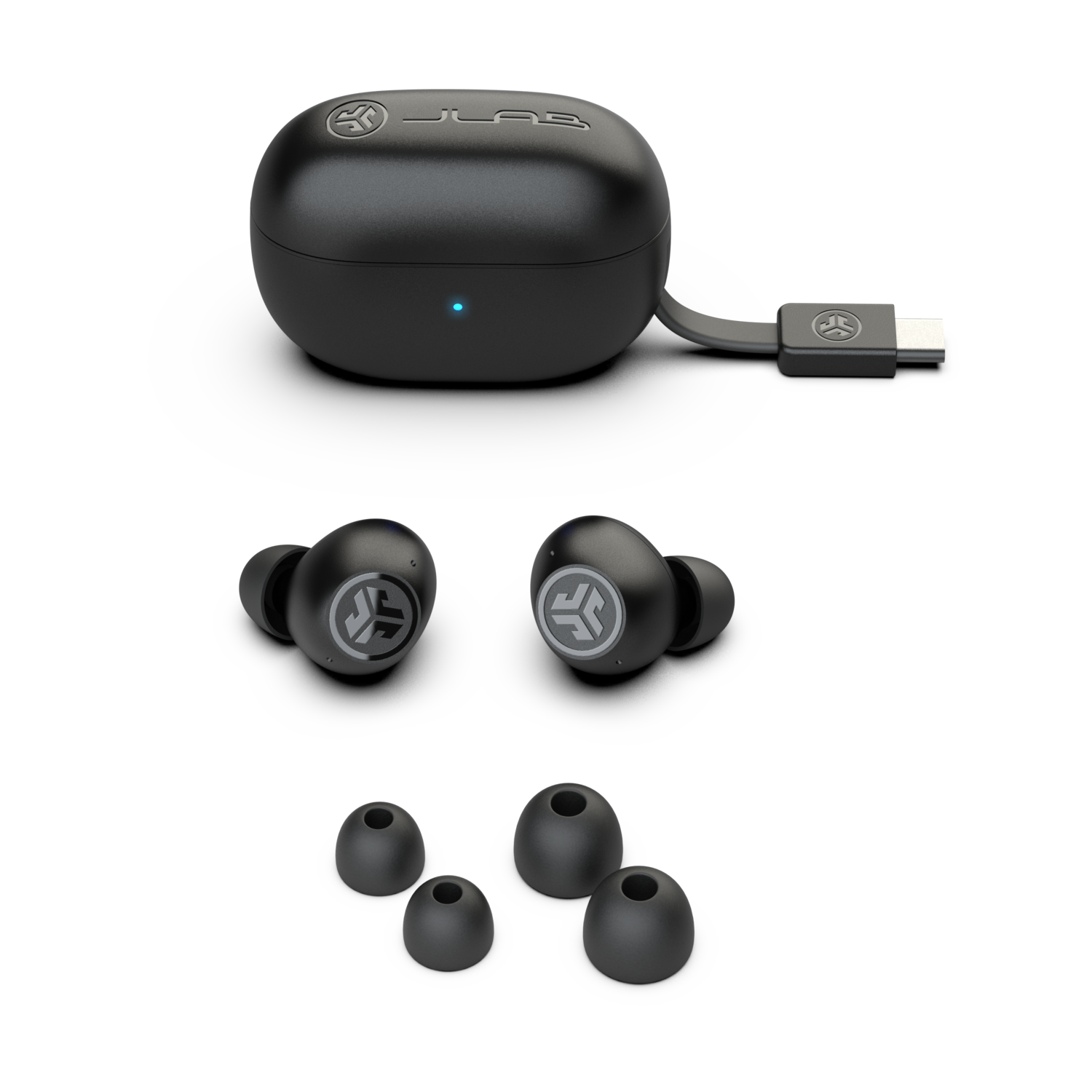 Black wireless earbuds, charging case, and extra ear tips.