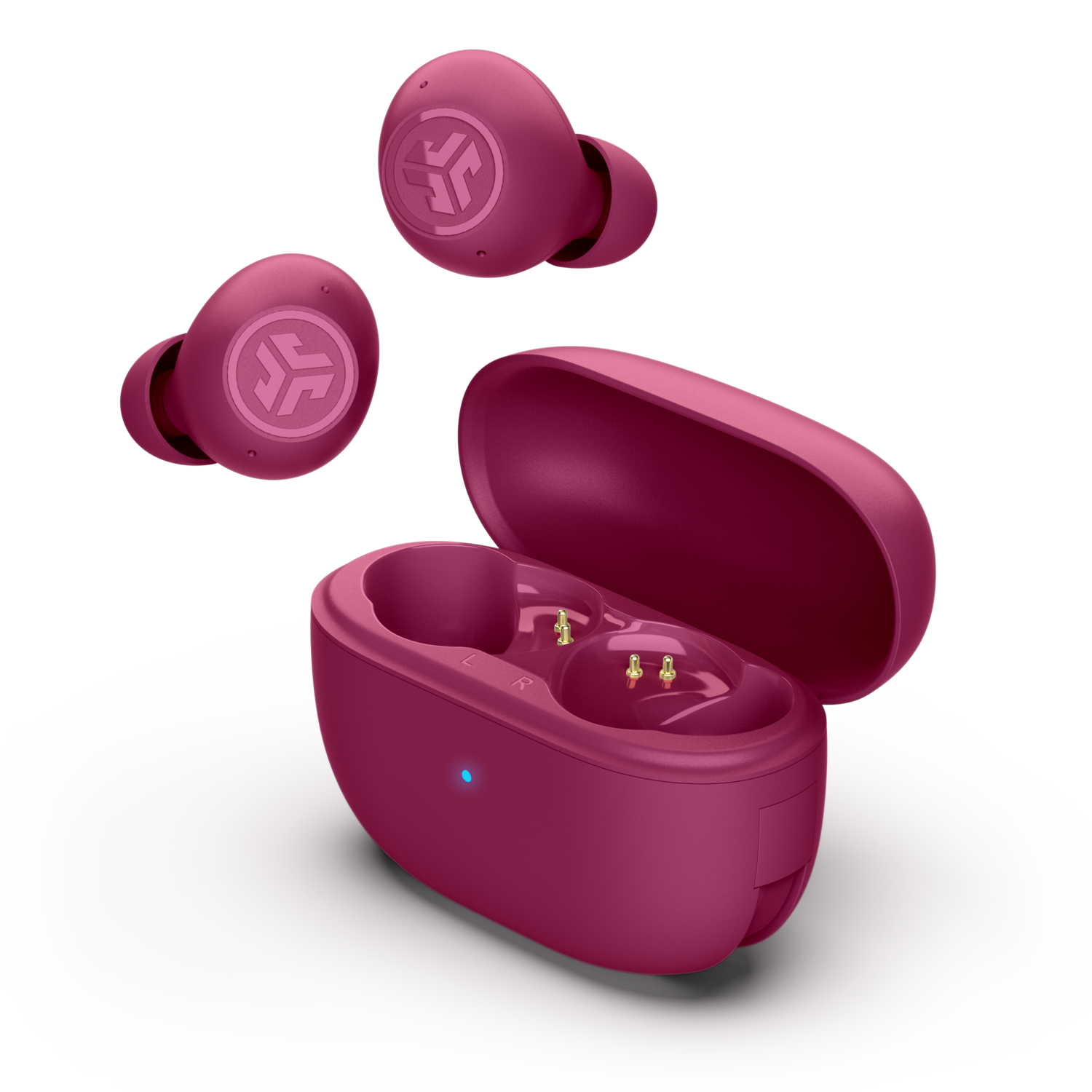Red earbuds and charging case. Three earbuds are displayed.