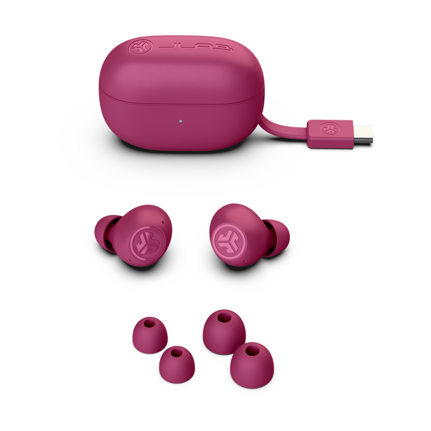 Pink earbuds, case, and extra tips.
