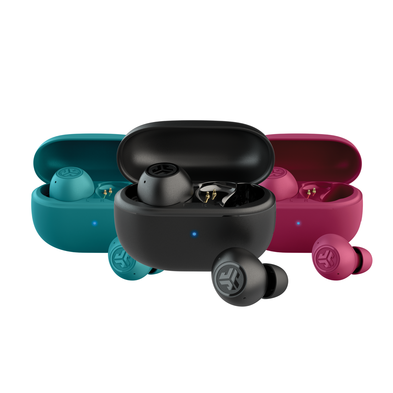 Earbuds in three different colors: teal, black, and pink.
