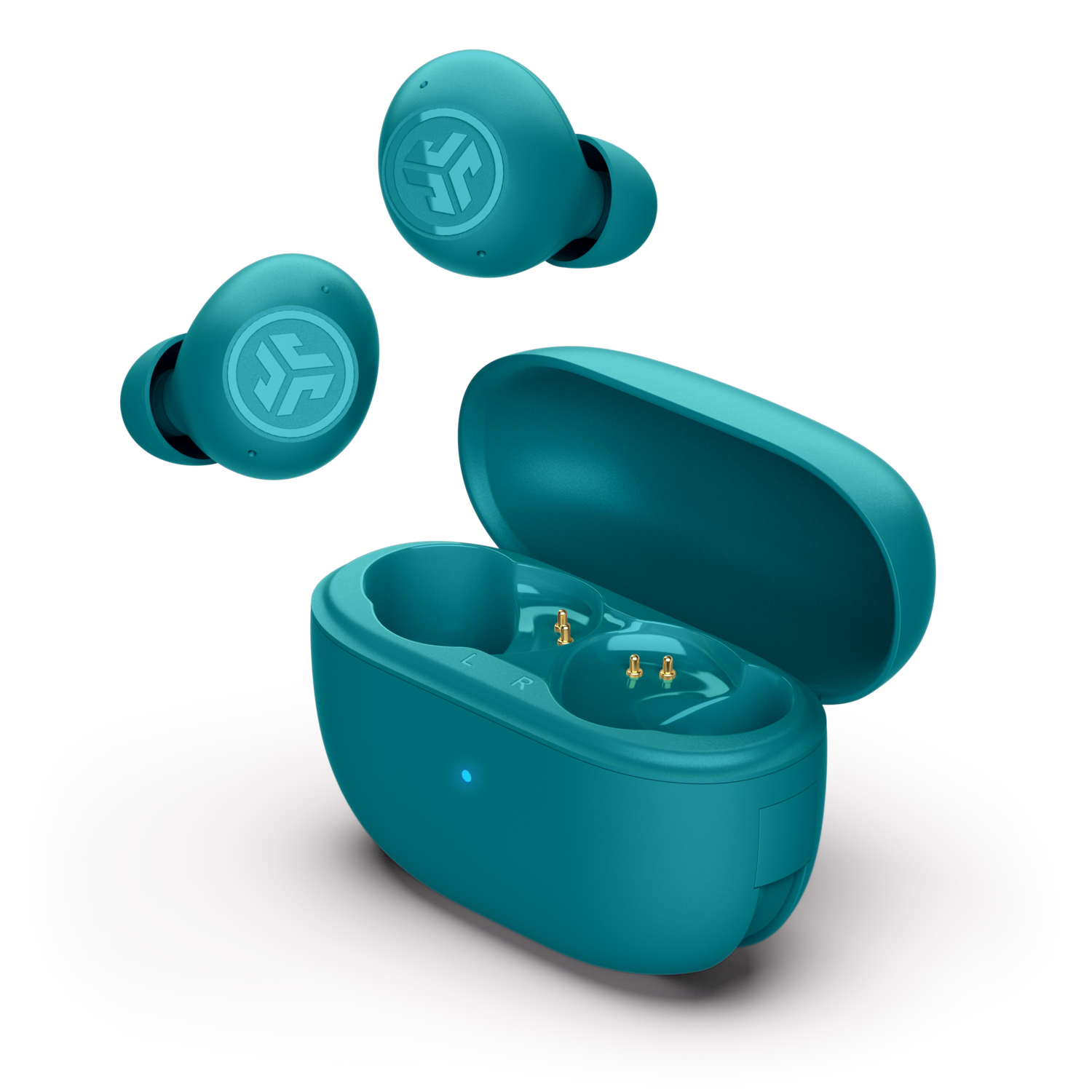 Teal oordopjes set met open etui en drie oordopjes.