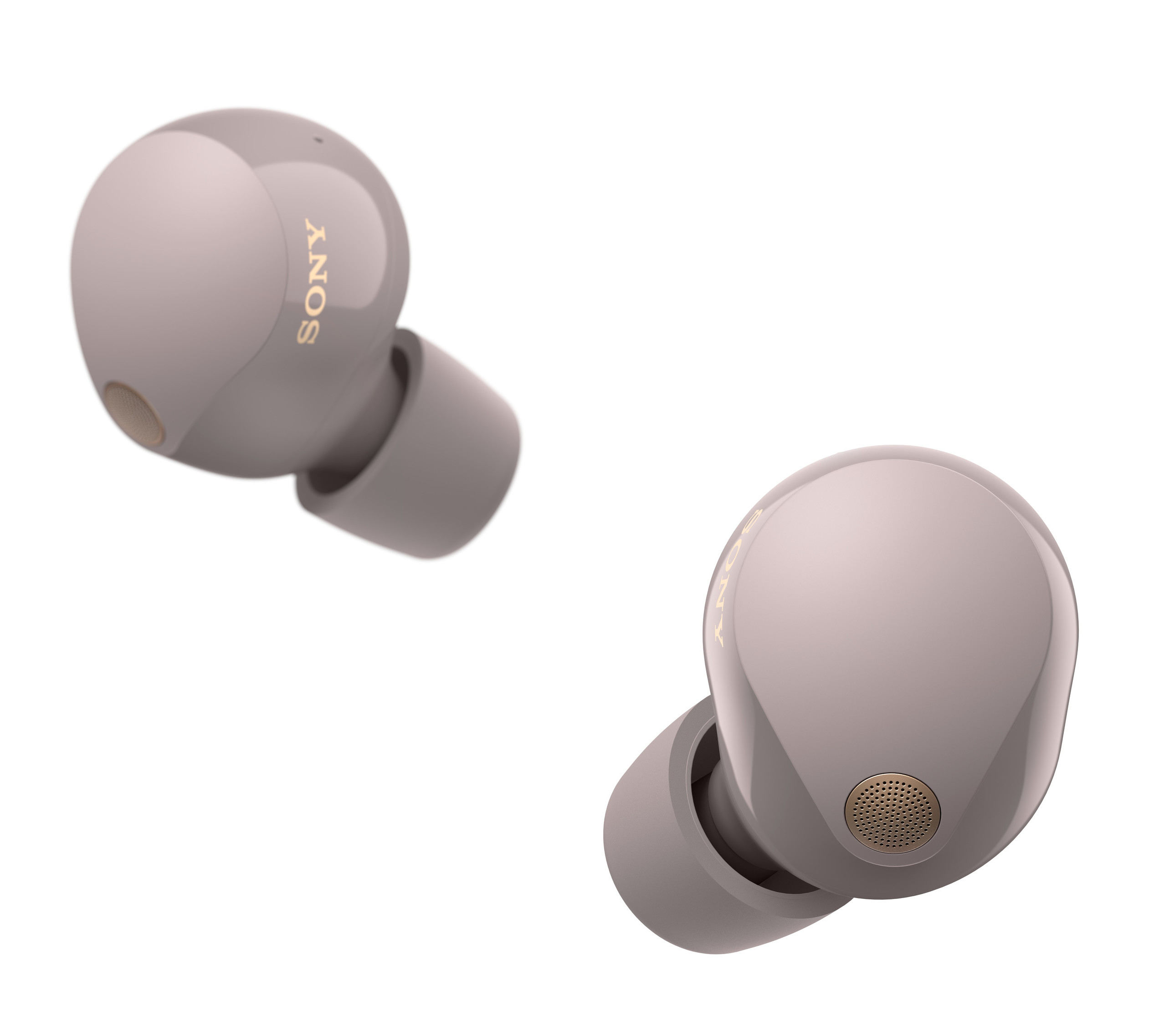 Dwie jasnofioletowe słuchawki na białym tle z logo Sony.