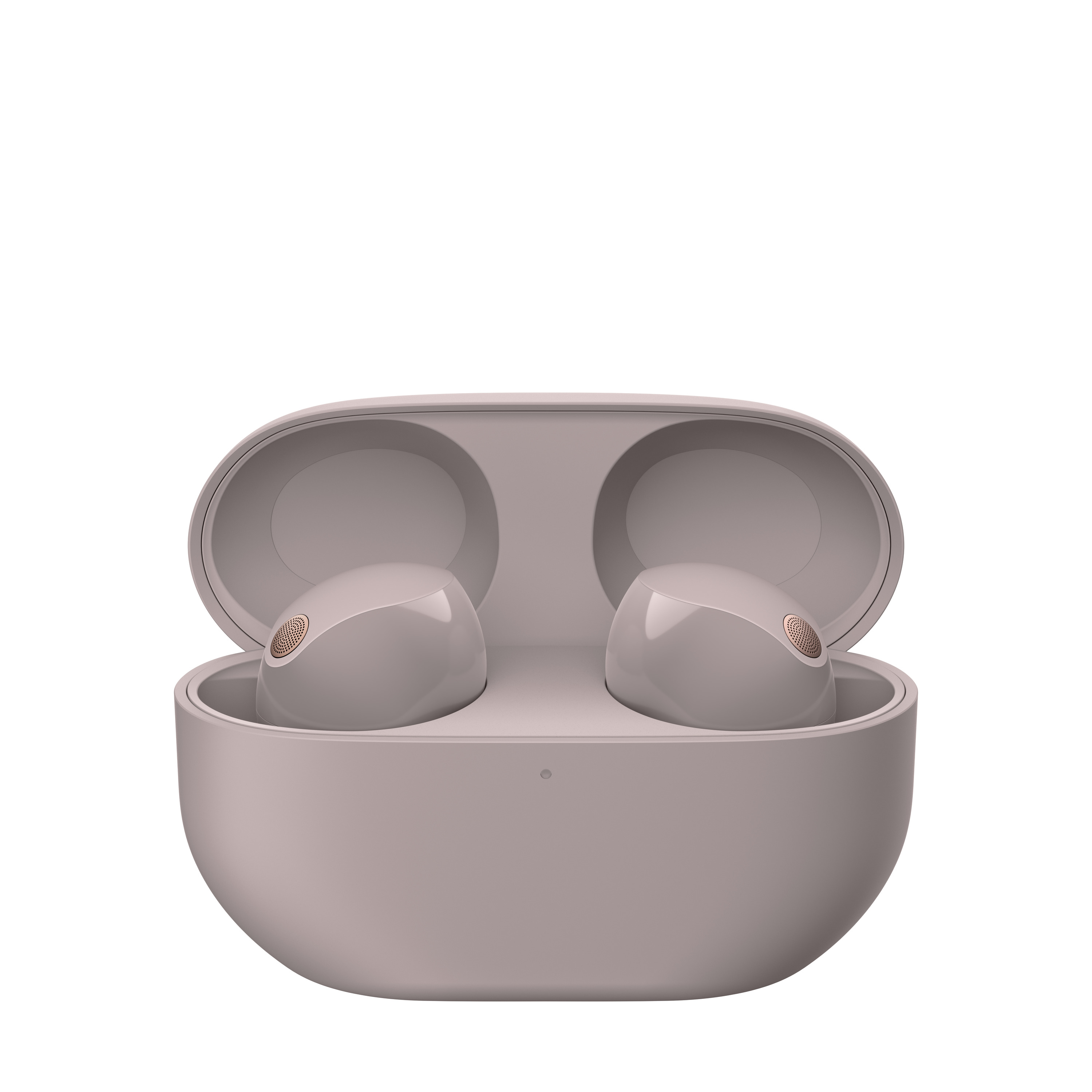 Słuchawki w etui ładującym. Etui i słuchawki są jasnofioletowe. Etui jest otwarte.