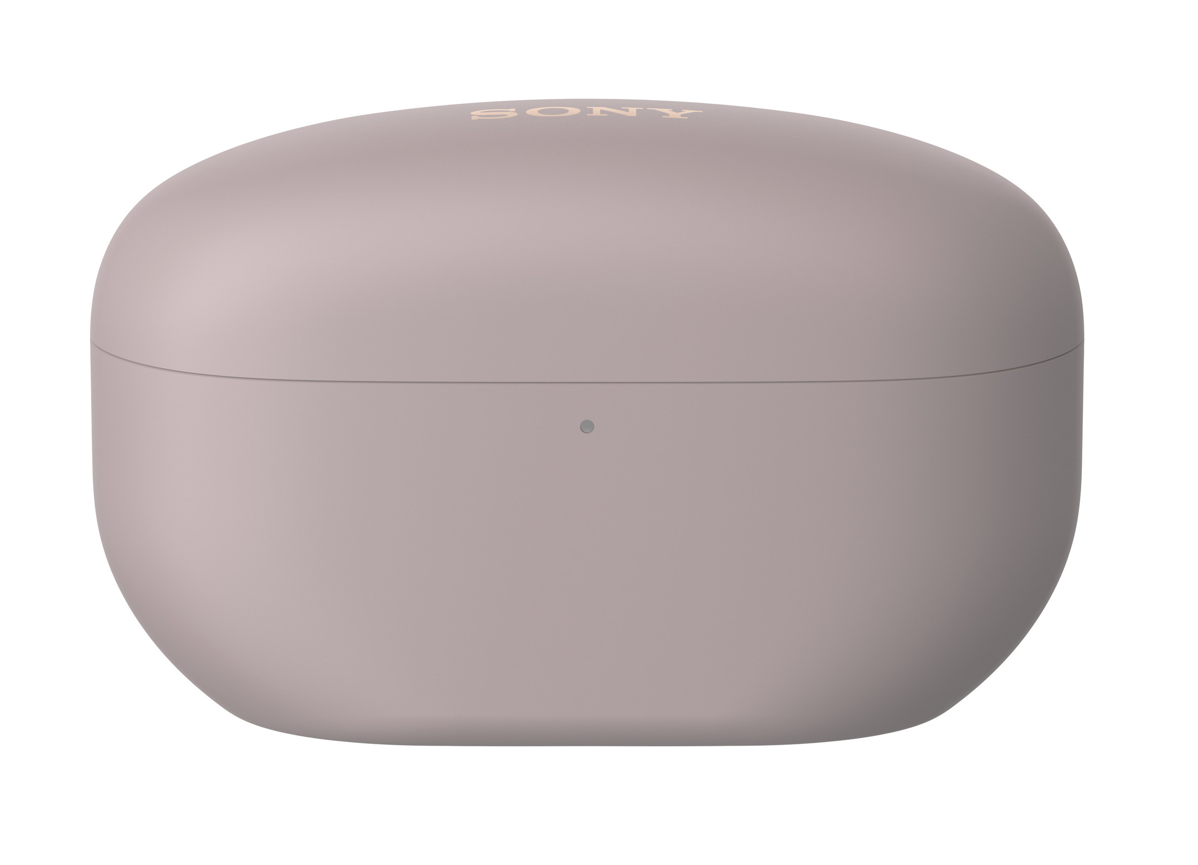 Zamknięte, owalne, jasnofioletowe etui na słuchawki. Widnieje na nim nazwa marki SONY.
