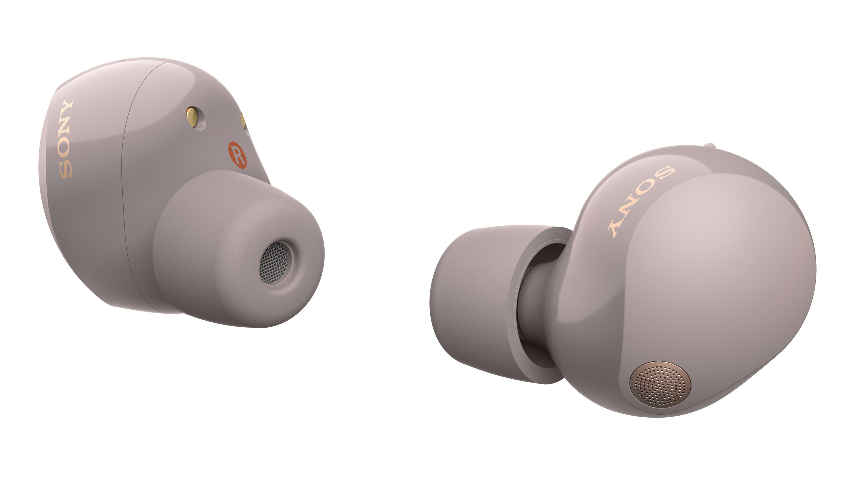 Dwa szare słuchawki Sony na białym tle. Jeden pokazuje 'R' i logo Sony.