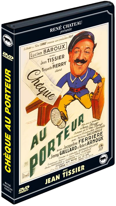 DVD-hoes: Man met papier, andere man met hoed, tekst: CHEQUE AU PORTEUR.