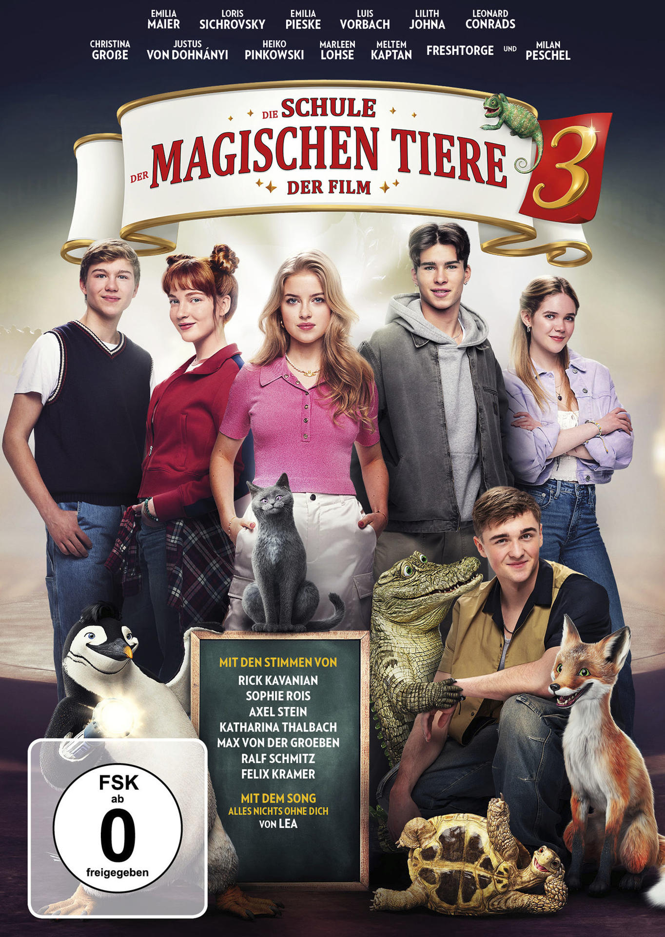 Filmposter mit Schauspielern. Katze, Pinguin und Fuchs sind zu sehen. Text: 'Die Schule der Magischen Tiere 3'.