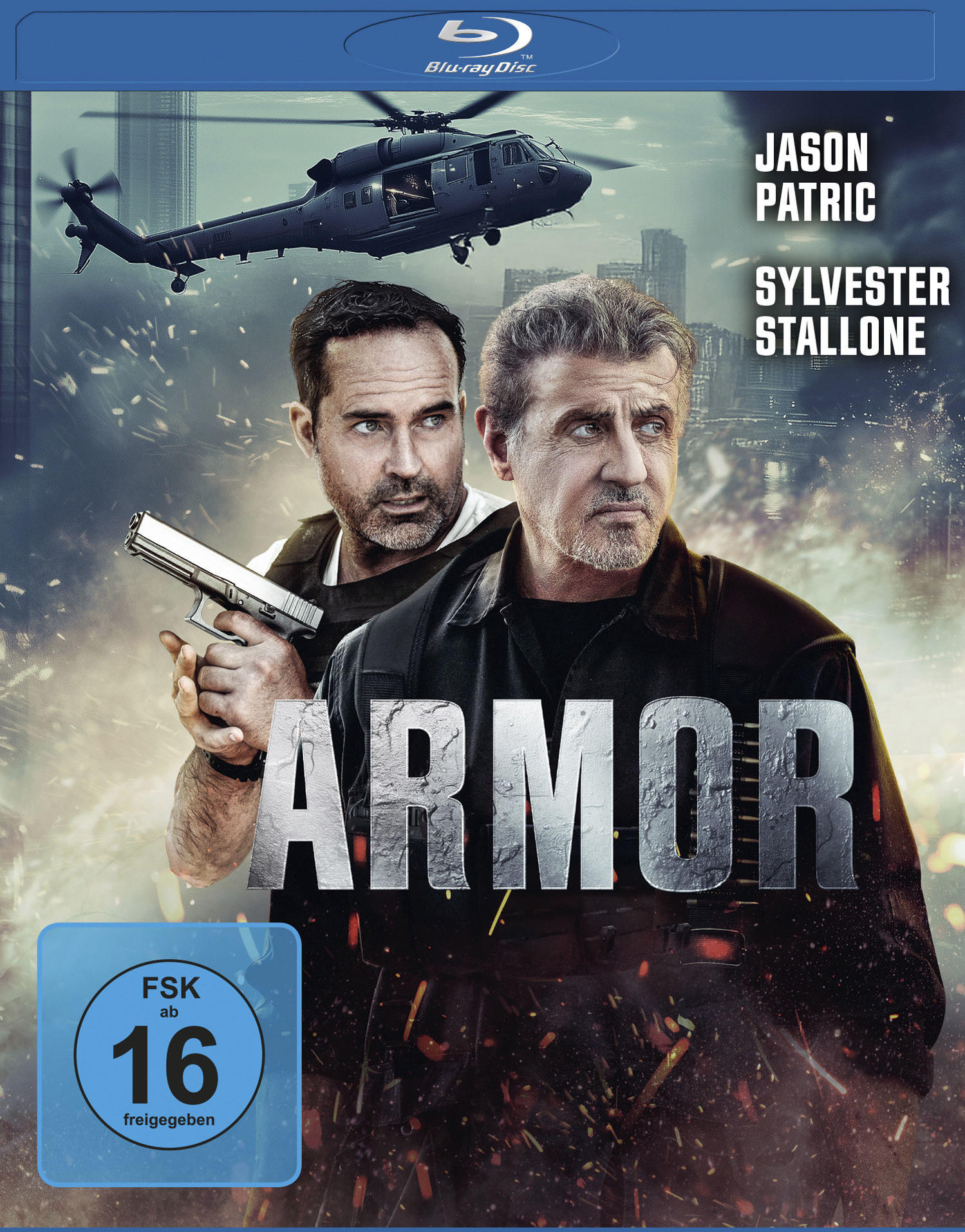 Filmcover: Sylvester Stallone und Jason Patric. Ein Hubschrauber fliegt im Hintergrund. Der Titel lautet 'Armor'.