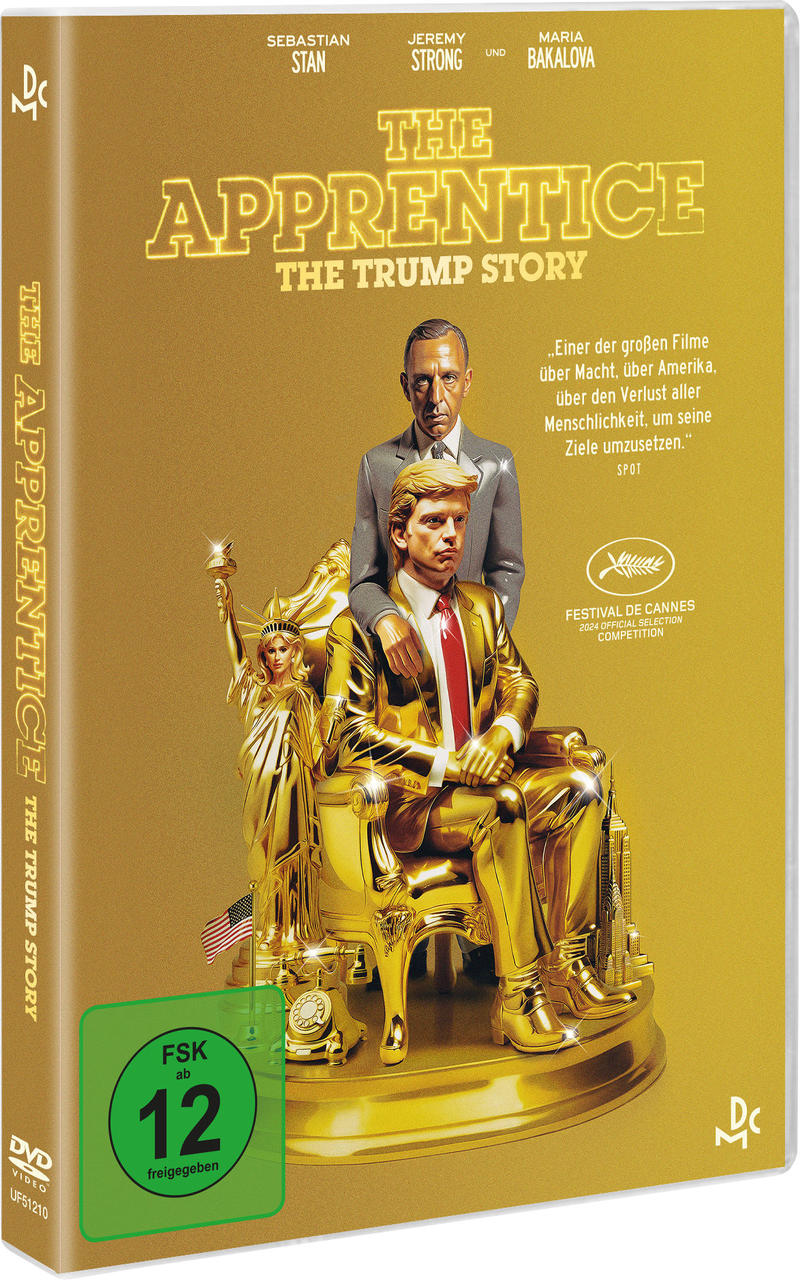DVD-Hülle für den Film 'The Apprentice'. Goldener Hintergrund, Trump und ein anderer Mann auf dem Cover.