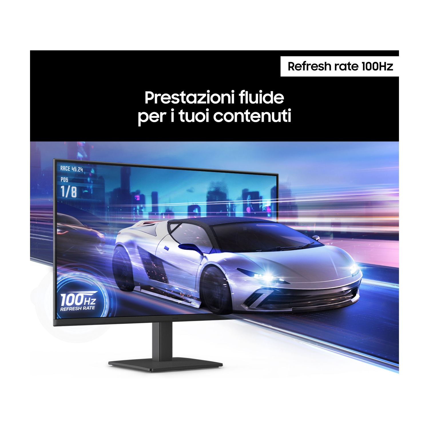 Un'auto che corre su una pista è visualizzata sul monitor.