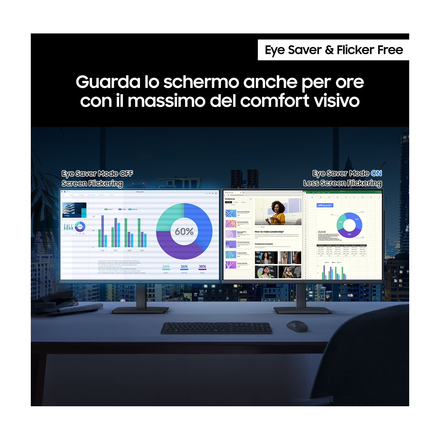Due monitor visualizzano schermate di lavoro diverse.