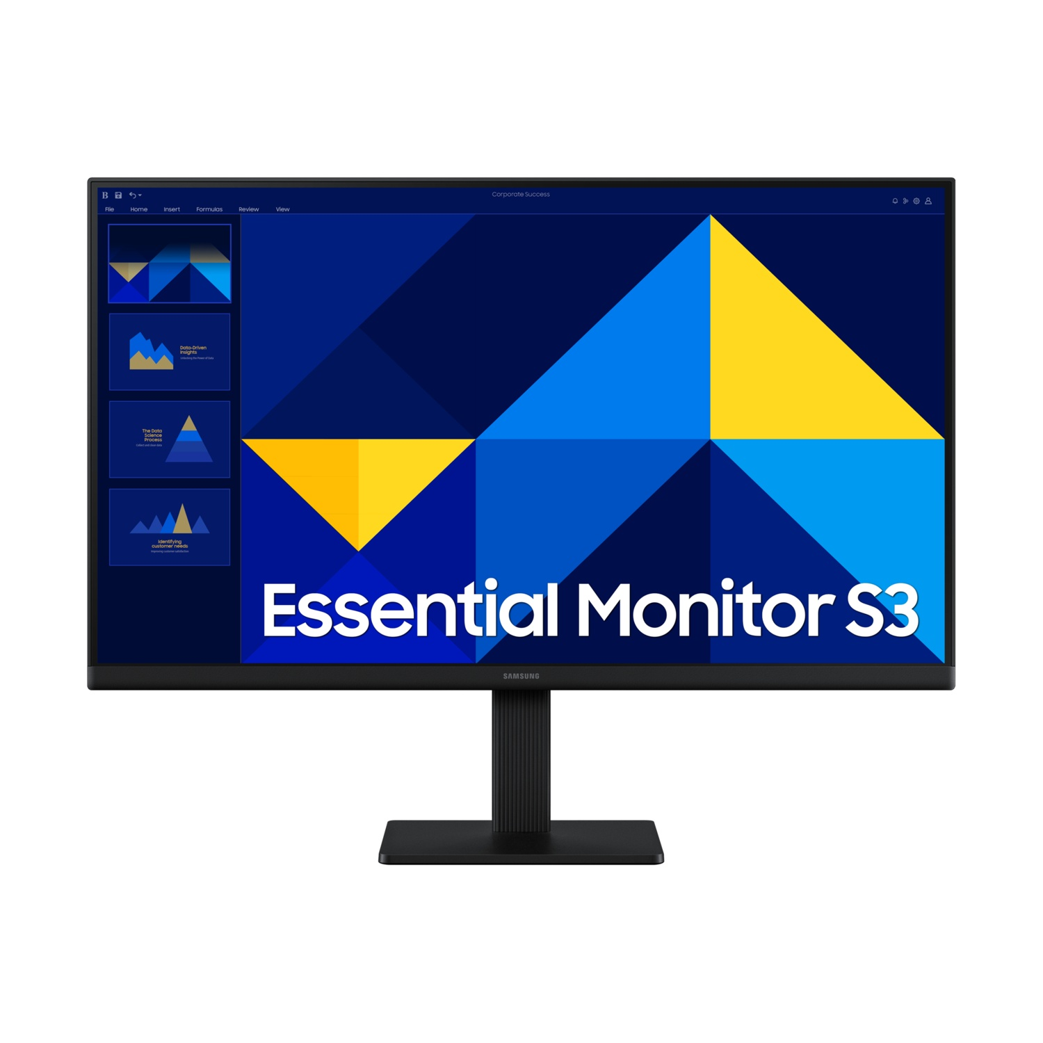 Un monitor nero visualizza una schermata di presentazione.