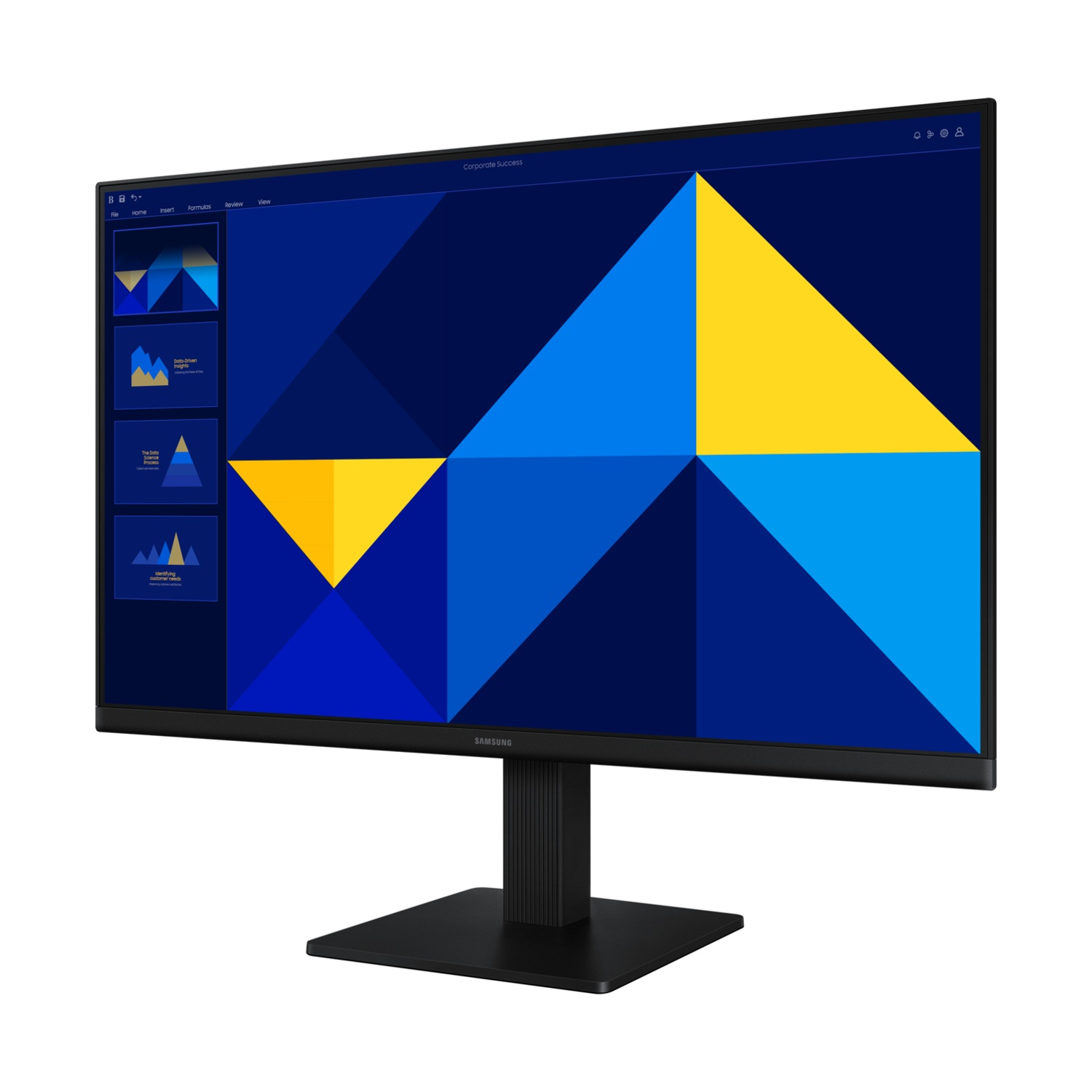 Monitor nero che mostra una presentazione con forme blu e gialle.