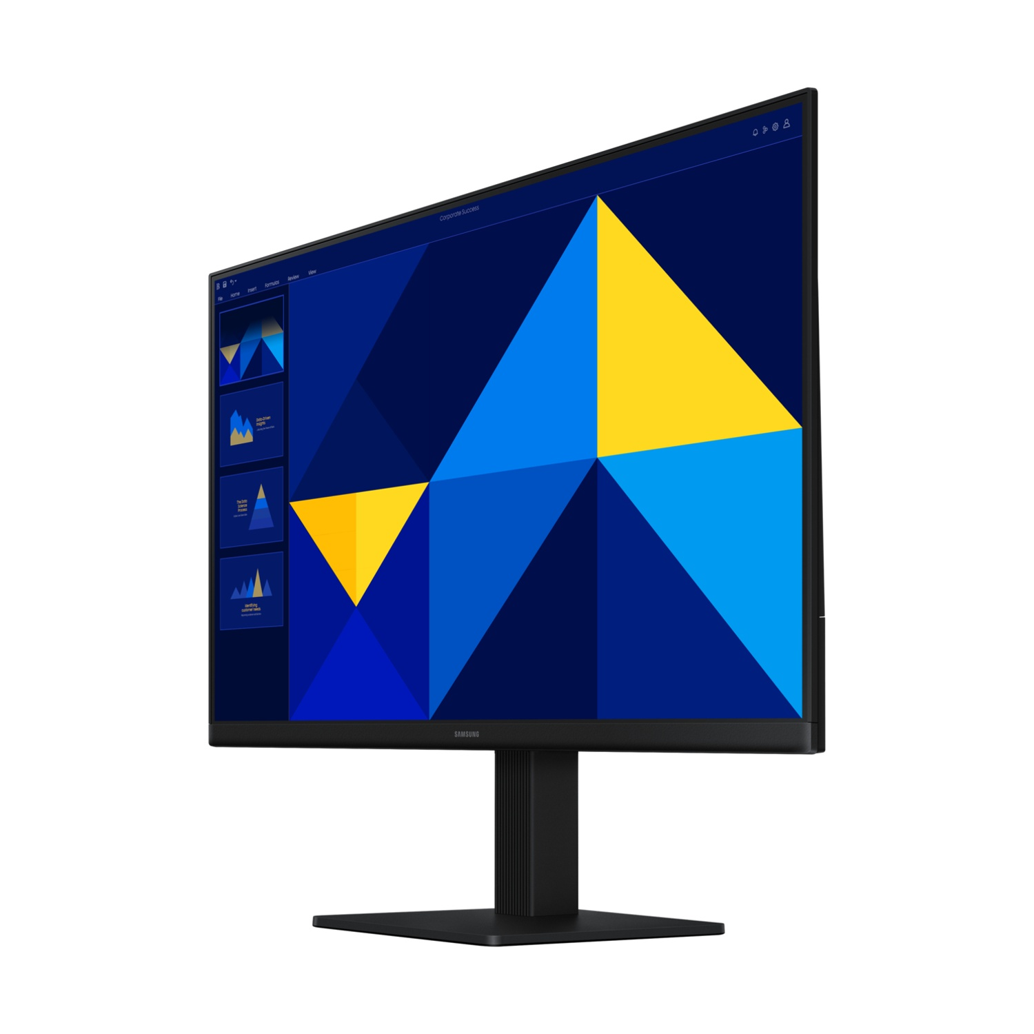 Monitor nero che mostra una presentazione con forme geometriche blu e gialle.