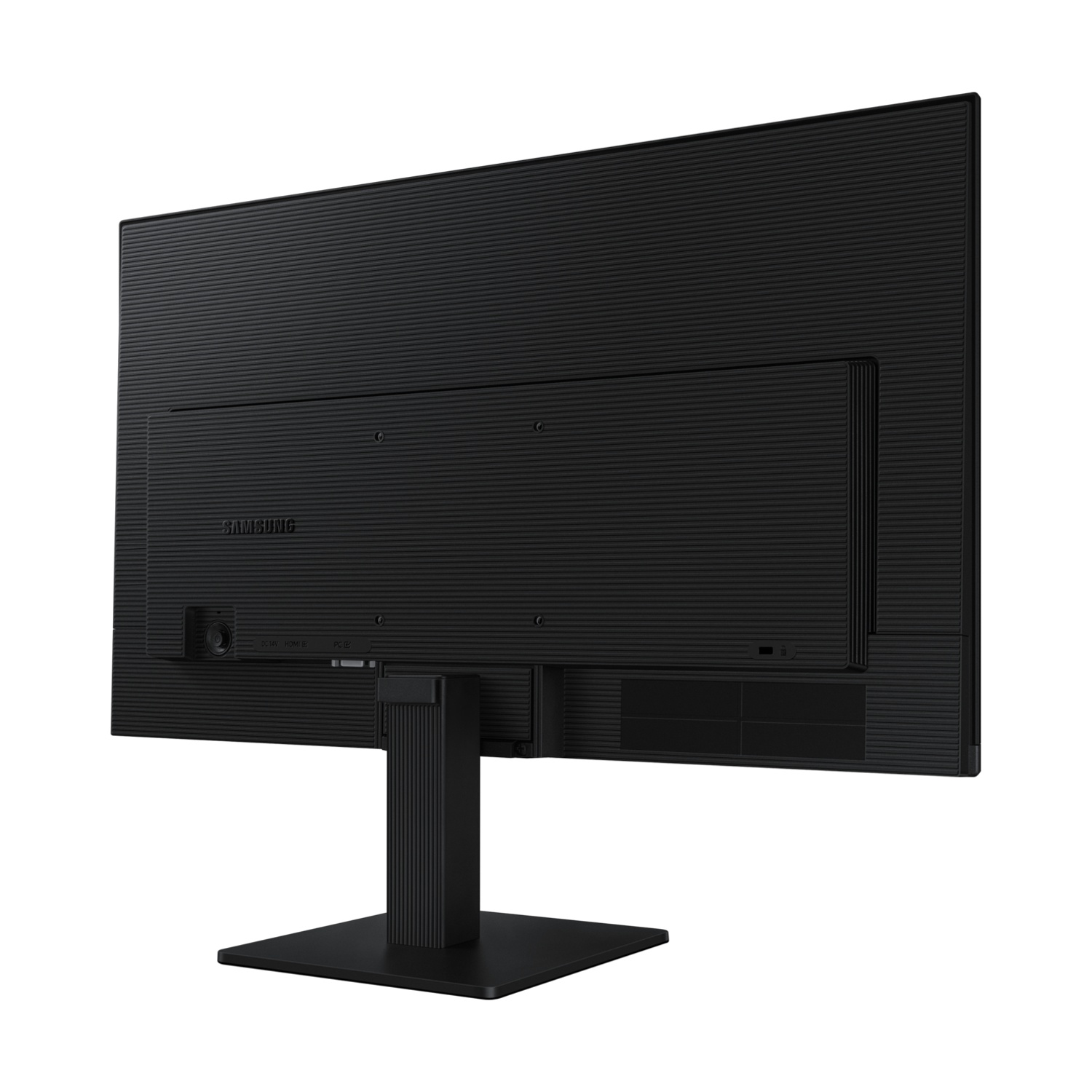Il retro di un monitor di computer nero con un supporto.