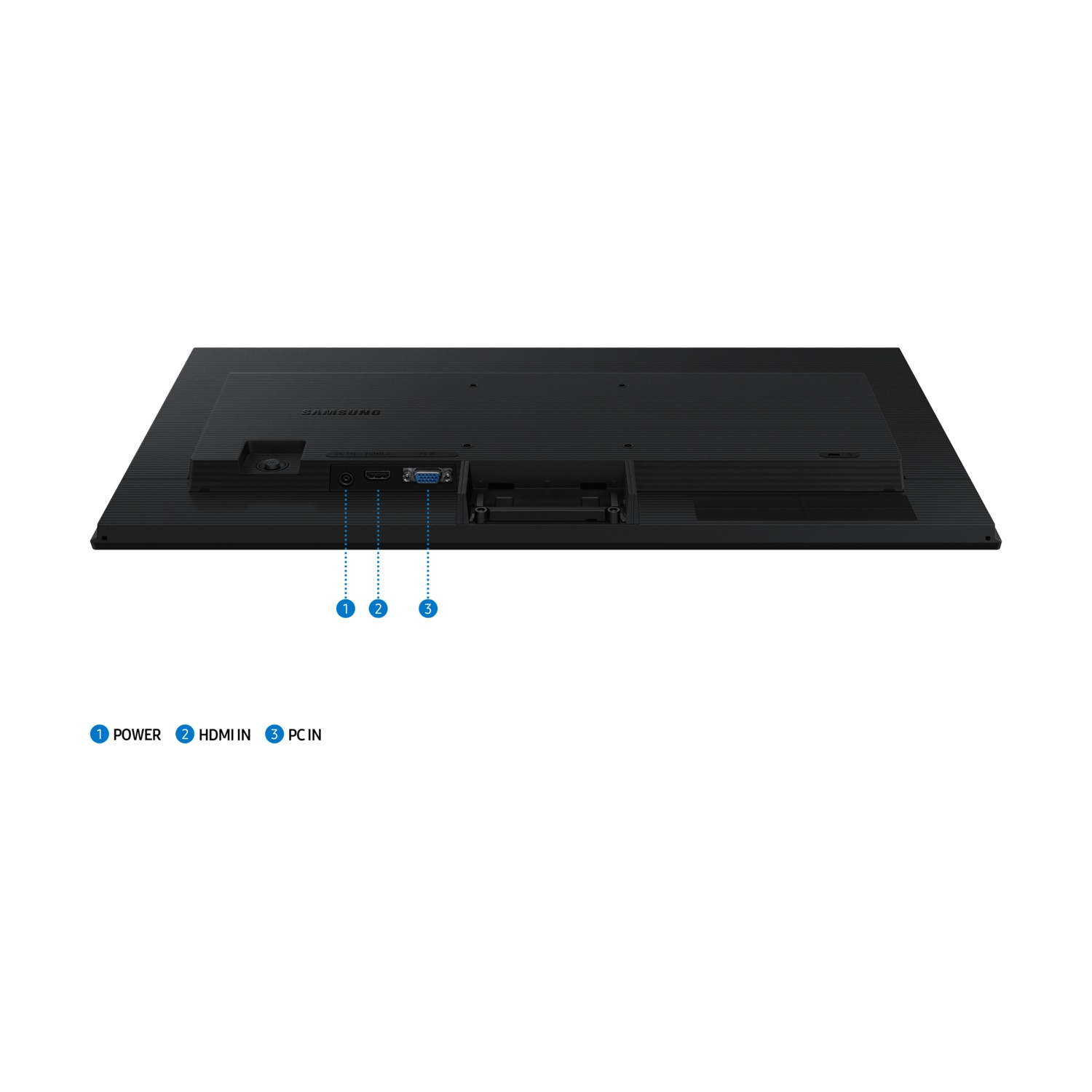 Pannello posteriore di un monitor nero con porte etichettate Power, HDMI IN e PC IN.