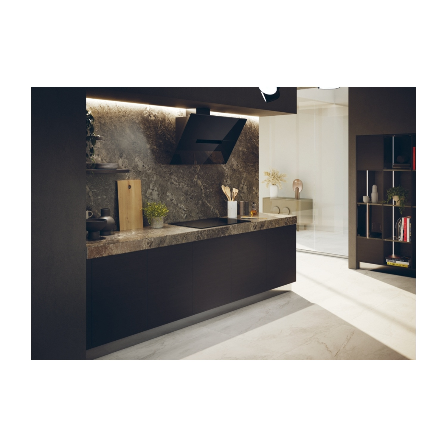 Cucina moderna con mobili neri, piano di lavoro in pietra e cappa.