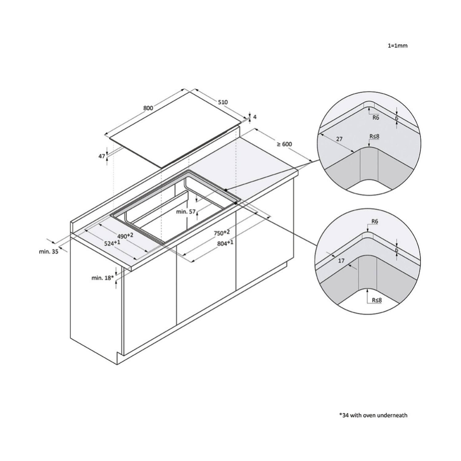 Disegno tecnico di un piano cucina con piano cottura a induzione integrato. Bianco e nero.